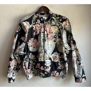 Vintage 90s On The Verge Bomber Jacket L Teapot Print Novelty Maximalist Rare